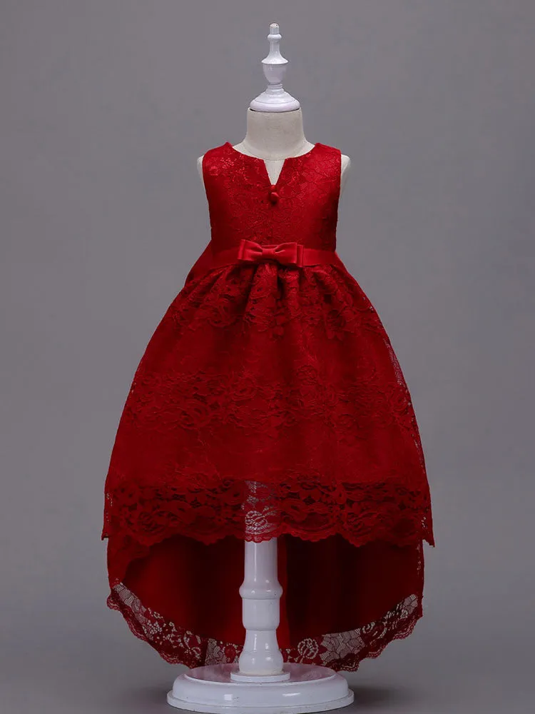 Lace Pink High Low Ball Gowns Sleeveless Bow Sash Princess Party Dresses