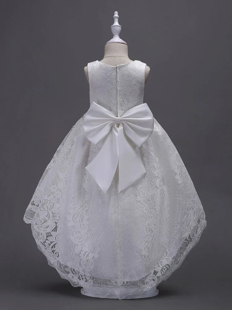 Lace Pink High Low Ball Gowns Sleeveless Bow Sash Princess Party Dresses