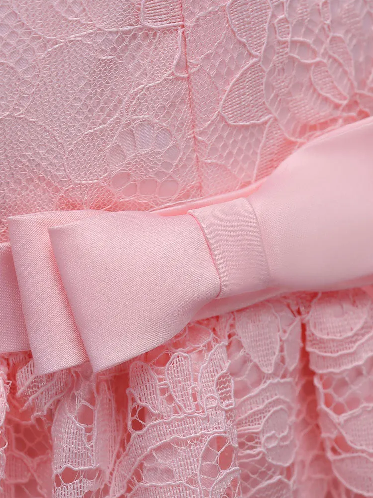 Lace Pink High Low Ball Gowns Sleeveless Bow Sash Princess Party Dresses
