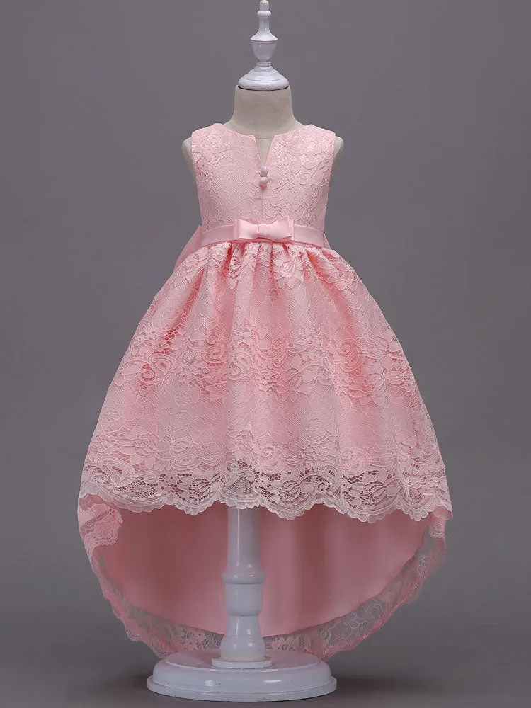 Lace Pink High Low Ball Gowns Sleeveless Bow Sash Princess Party Dresses