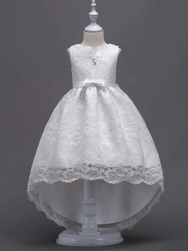 Lace Pink High Low Ball Gowns Sleeveless Bow Sash Princess Party Dresses
