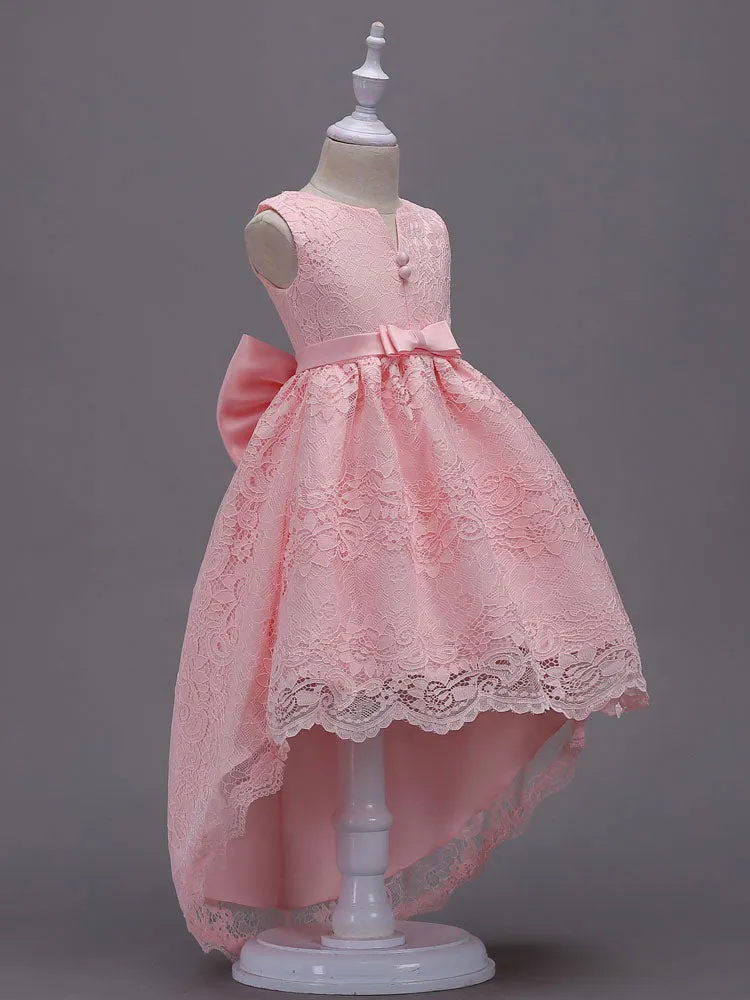 Lace Pink High Low Ball Gowns Sleeveless Bow Sash Princess Party Dresses