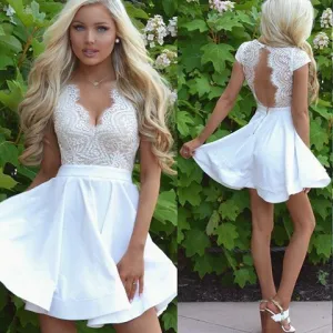 lace prom dresses short chiffon deep v neck cap sleeve white cheap graduation dresses vestido de curto