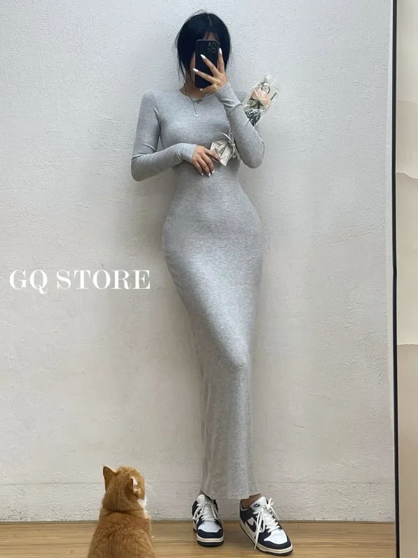 Ladies Round Neck Long Sleeve Maxi Long Slim Dress