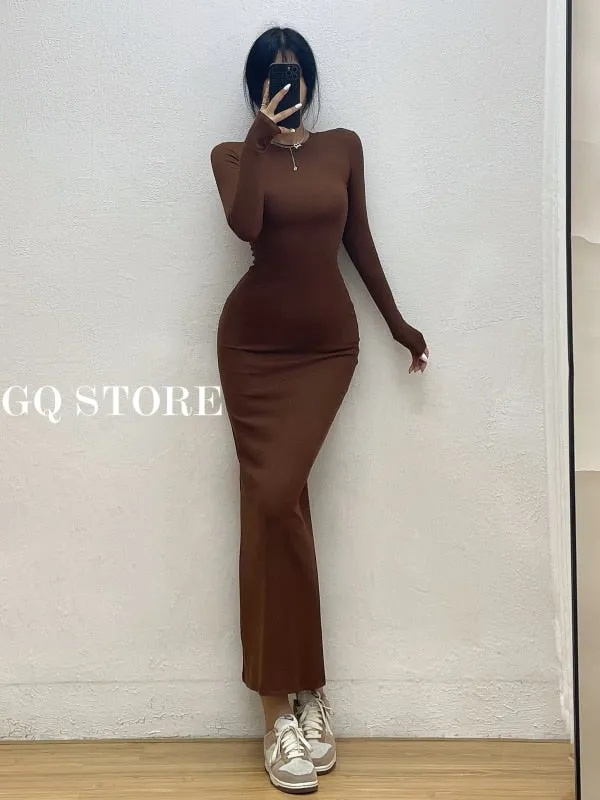 Ladies Round Neck Long Sleeve Maxi Long Slim Dress