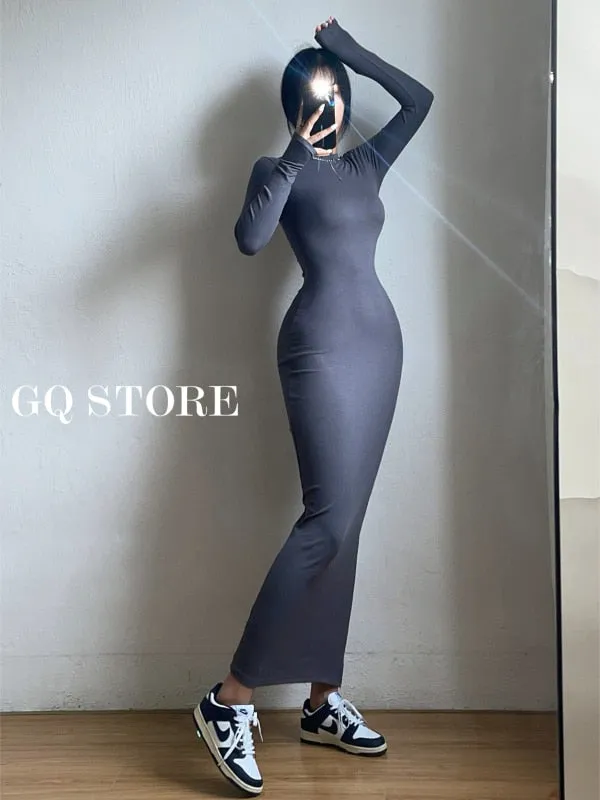 Ladies Round Neck Long Sleeve Maxi Long Slim Dress