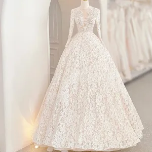 Light Champagne Long Sleeve Lace Wedding Dresses with Sheer Neckline