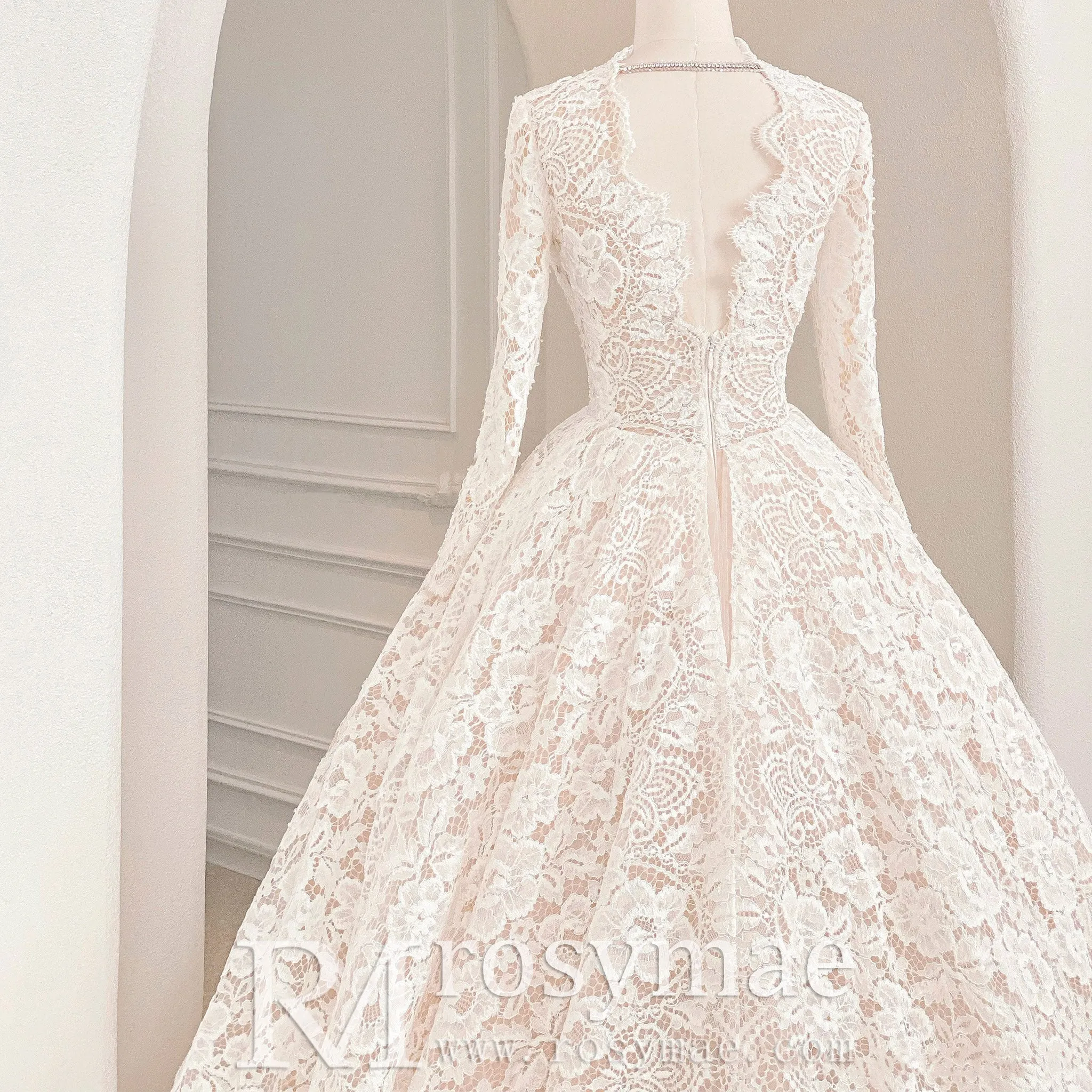 Light Champagne Long Sleeve Lace Wedding Dresses with Sheer Neckline