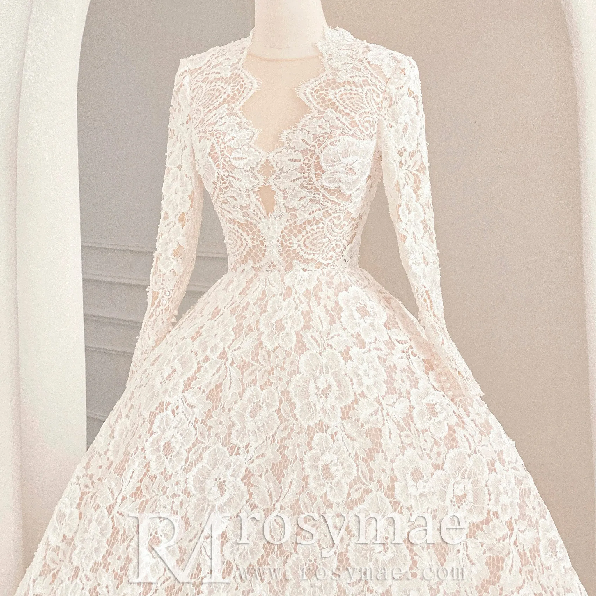 Light Champagne Long Sleeve Lace Wedding Dresses with Sheer Neckline