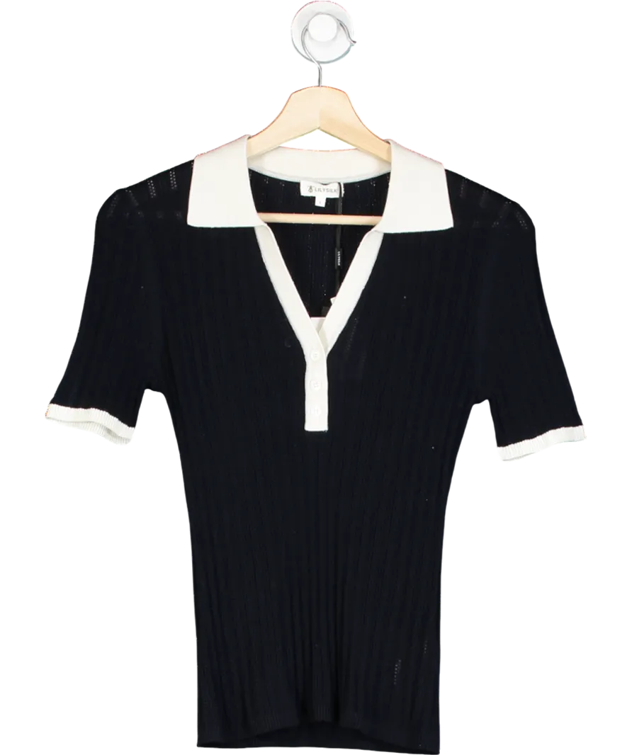 LilySilk Blue V Neck Ribbed Silk Knit Top UK S