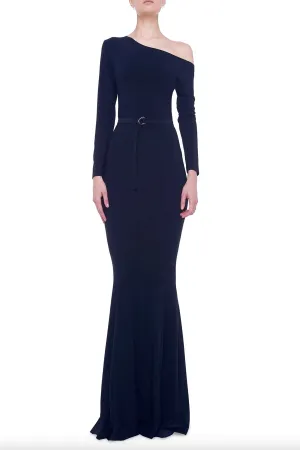 Long Sleeve Drop Shoulder Fishtail Gown in Black