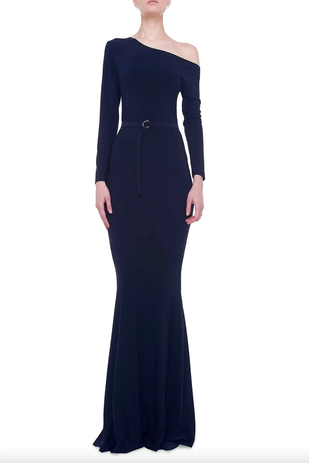 Long Sleeve Drop Shoulder Fishtail Gown in Black
