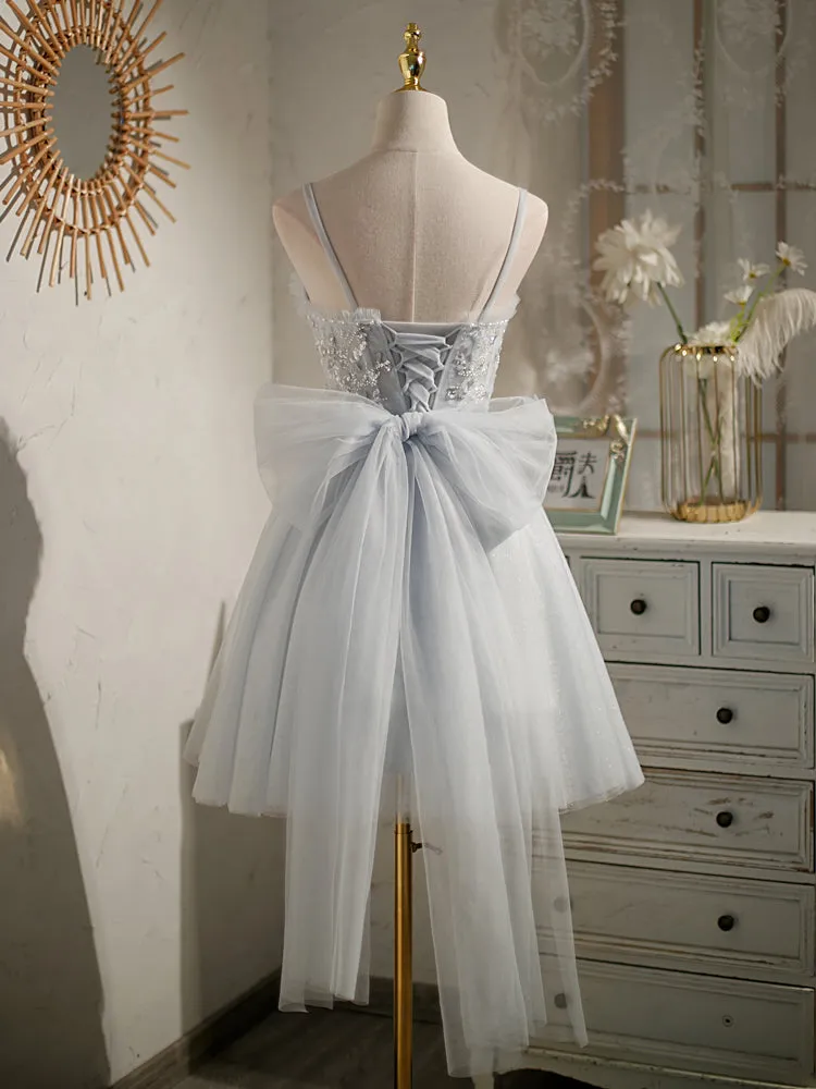 Lovely Sliver-Grey Tulle with Beaded Short Party Dresses, Tulle Short Prom Dresses 2022