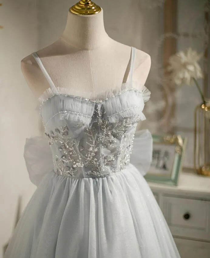 Lovely Sliver-Grey Tulle with Beaded Short Party Dresses, Tulle Short Prom Dresses 2022