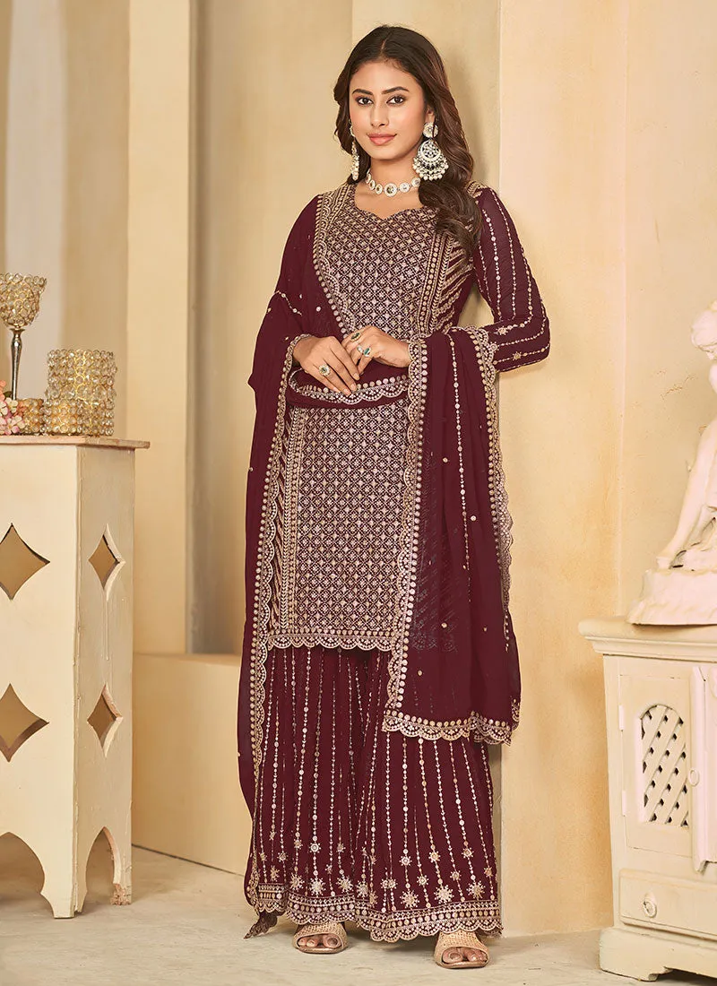 Maroon Golden Sequence Embroidery Gharara Style Suit