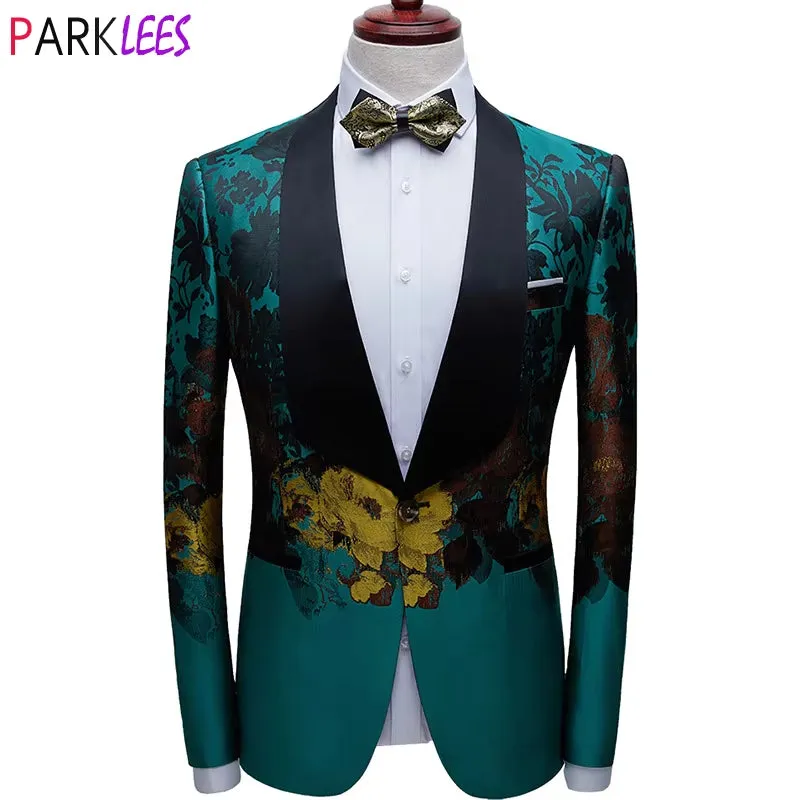 Men'S Luxury Floral Print Green Dress Blazers One Button Shawl Lapel Men Tuxedo Suit Jacket Dinner Wedding Party Costume Homme