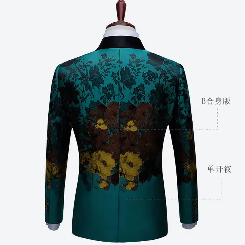 Men'S Luxury Floral Print Green Dress Blazers One Button Shawl Lapel Men Tuxedo Suit Jacket Dinner Wedding Party Costume Homme
