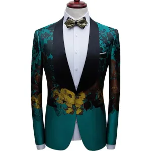 Men'S Luxury Floral Print Green Dress Blazers One Button Shawl Lapel Men Tuxedo Suit Jacket Dinner Wedding Party Costume Homme