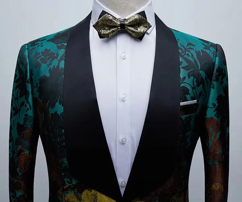 Men'S Luxury Floral Print Green Dress Blazers One Button Shawl Lapel Men Tuxedo Suit Jacket Dinner Wedding Party Costume Homme