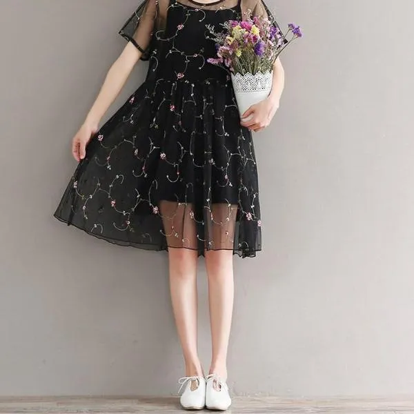 Mferlier Mori Girl Summer Mesh Embroidery Retro Dress O Neck Short Sleeve Women Artsy Waist Pleated Two Pieces Woman Dress