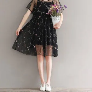 Mferlier Mori Girl Summer Mesh Embroidery Retro Dress O Neck Short Sleeve Women Artsy Waist Pleated Two Pieces Woman Dress