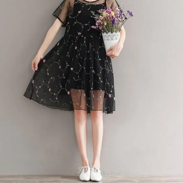 Mferlier Mori Girl Summer Mesh Embroidery Retro Dress O Neck Short Sleeve Women Artsy Waist Pleated Two Pieces Woman Dress
