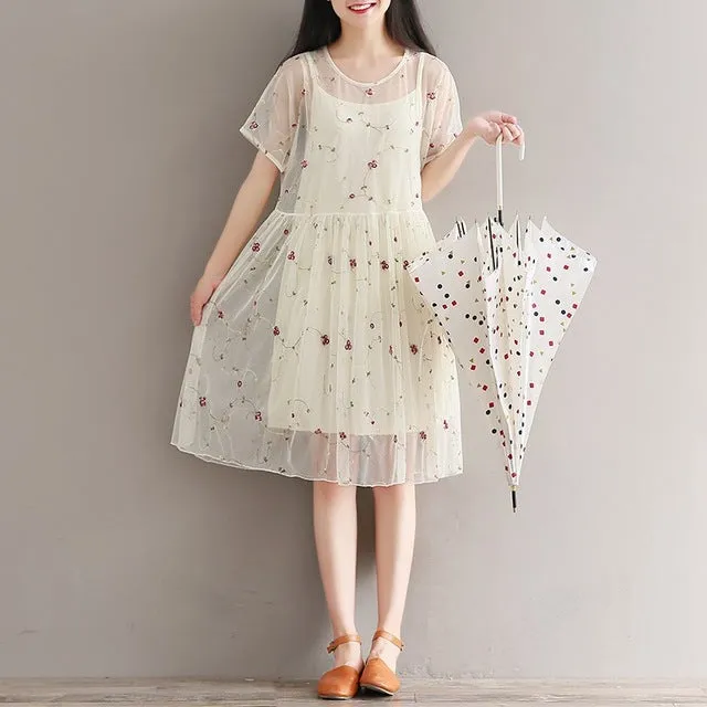 Mferlier Mori Girl Summer Mesh Embroidery Retro Dress O Neck Short Sleeve Women Artsy Waist Pleated Two Pieces Woman Dress