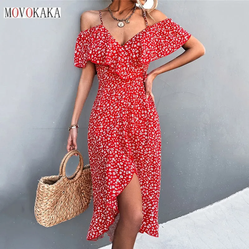 MOVOKAKA Ladies Spring Summer Sexy Straps Dress Women Ruffles Off Shoulder Casual Party Dresses Elegant Floral Print Beach Dress