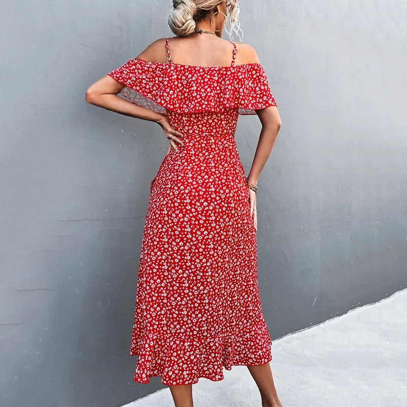 MOVOKAKA Ladies Spring Summer Sexy Straps Dress Women Ruffles Off Shoulder Casual Party Dresses Elegant Floral Print Beach Dress