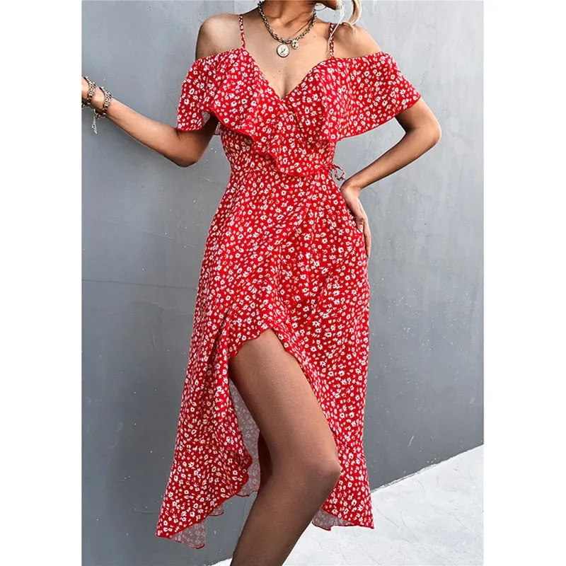 MOVOKAKA Ladies Spring Summer Sexy Straps Dress Women Ruffles Off Shoulder Casual Party Dresses Elegant Floral Print Beach Dress