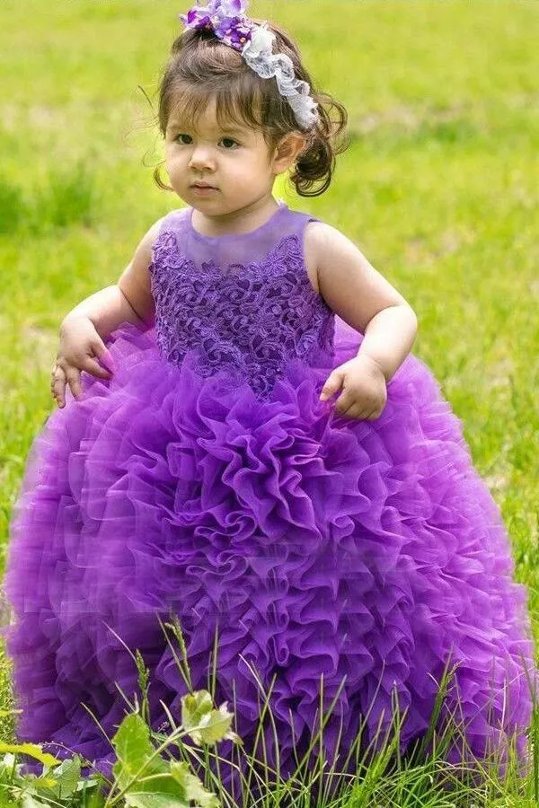 Multi Tiers Tulle Lace Ball Gown for Kids Wedding Party Dress Purple