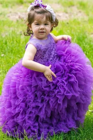 Multi Tiers Tulle Lace Ball Gown for Kids Wedding Party Dress Purple