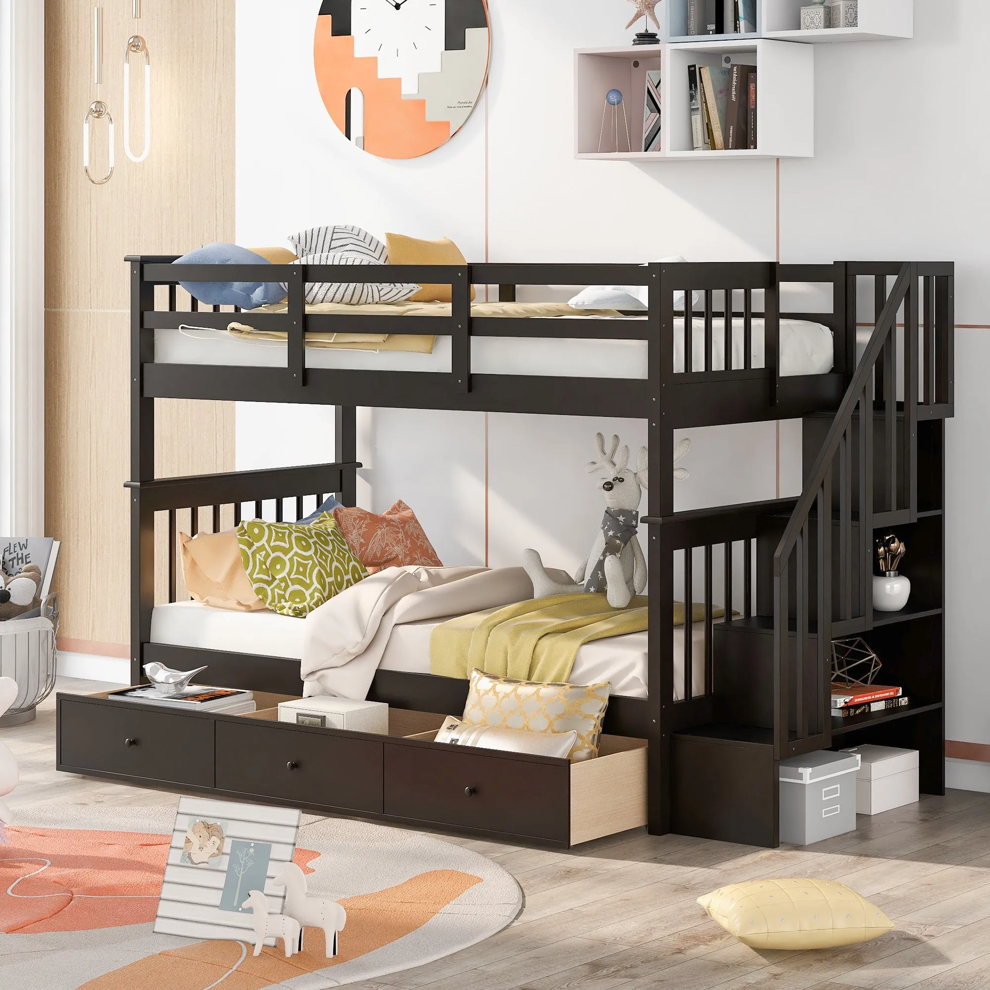 MyRoom Stairway Twin-Over-Twin Bunk Bed with Three Drawers