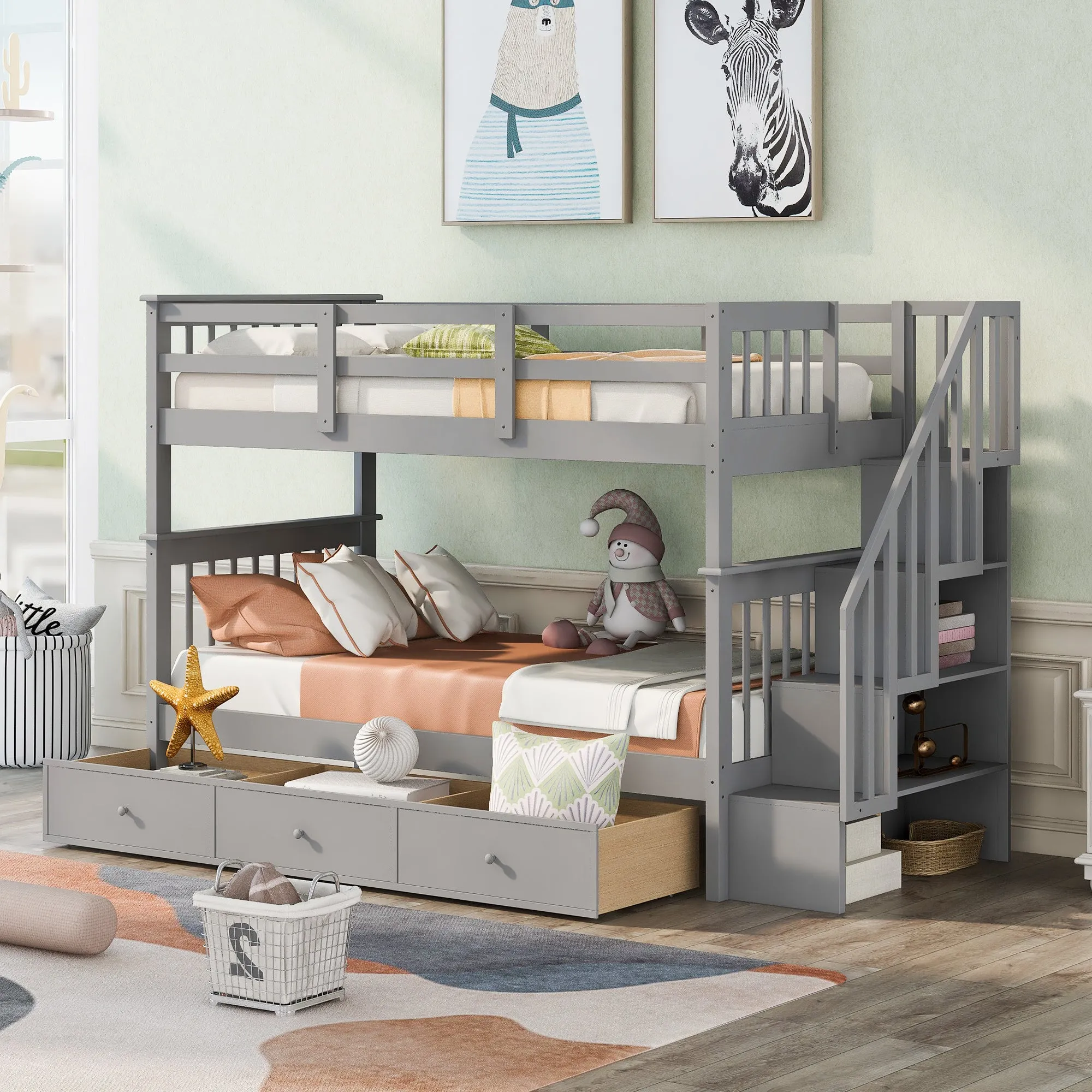 MyRoom Stairway Twin-Over-Twin Bunk Bed with Three Drawers
