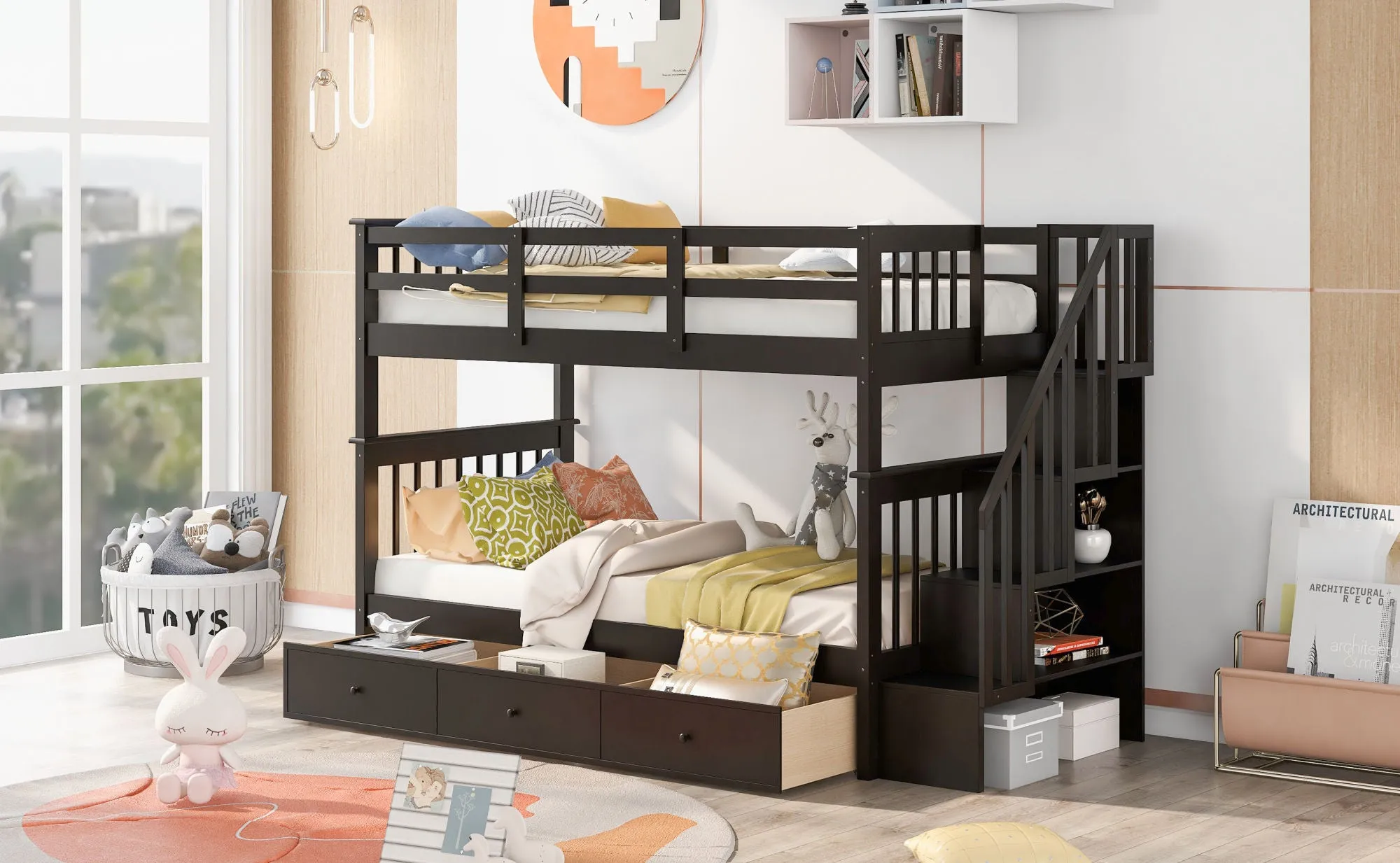 MyRoom Stairway Twin-Over-Twin Bunk Bed with Three Drawers