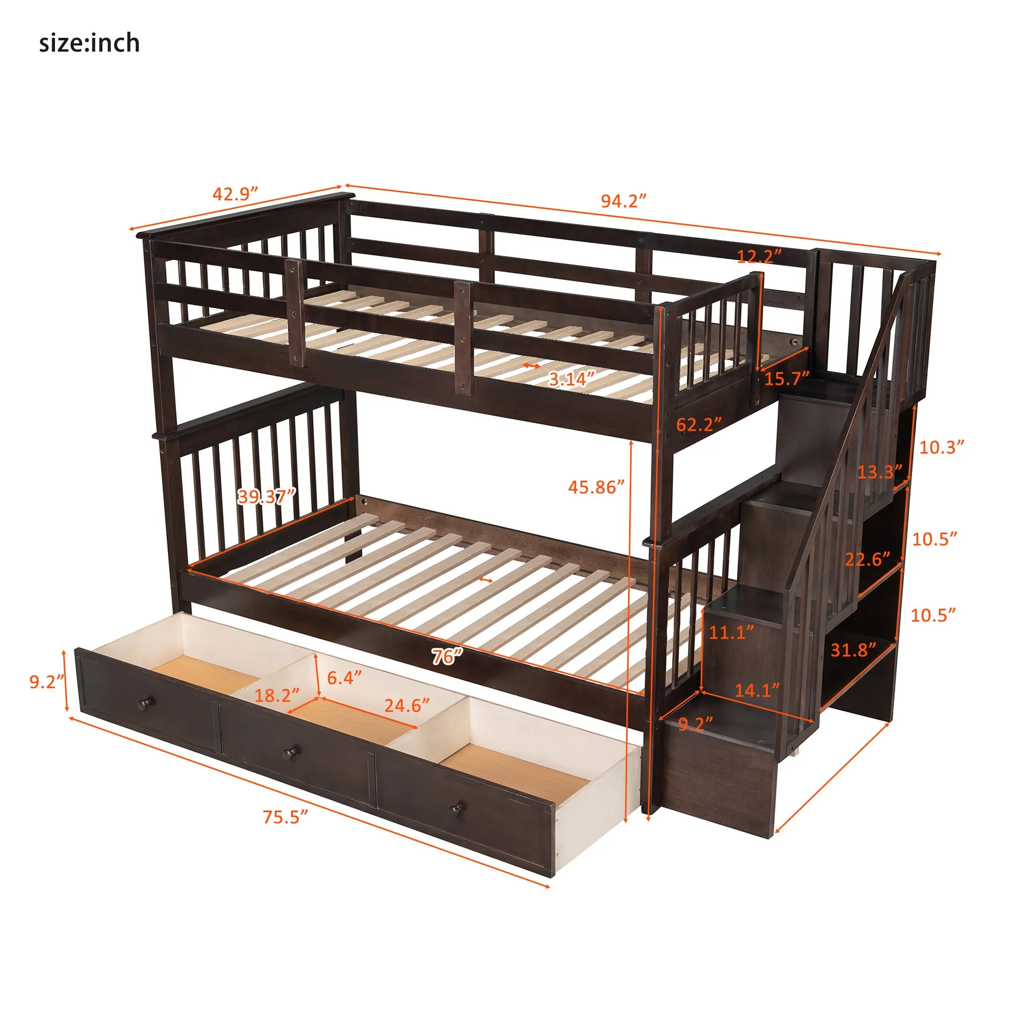MyRoom Stairway Twin-Over-Twin Bunk Bed with Three Drawers