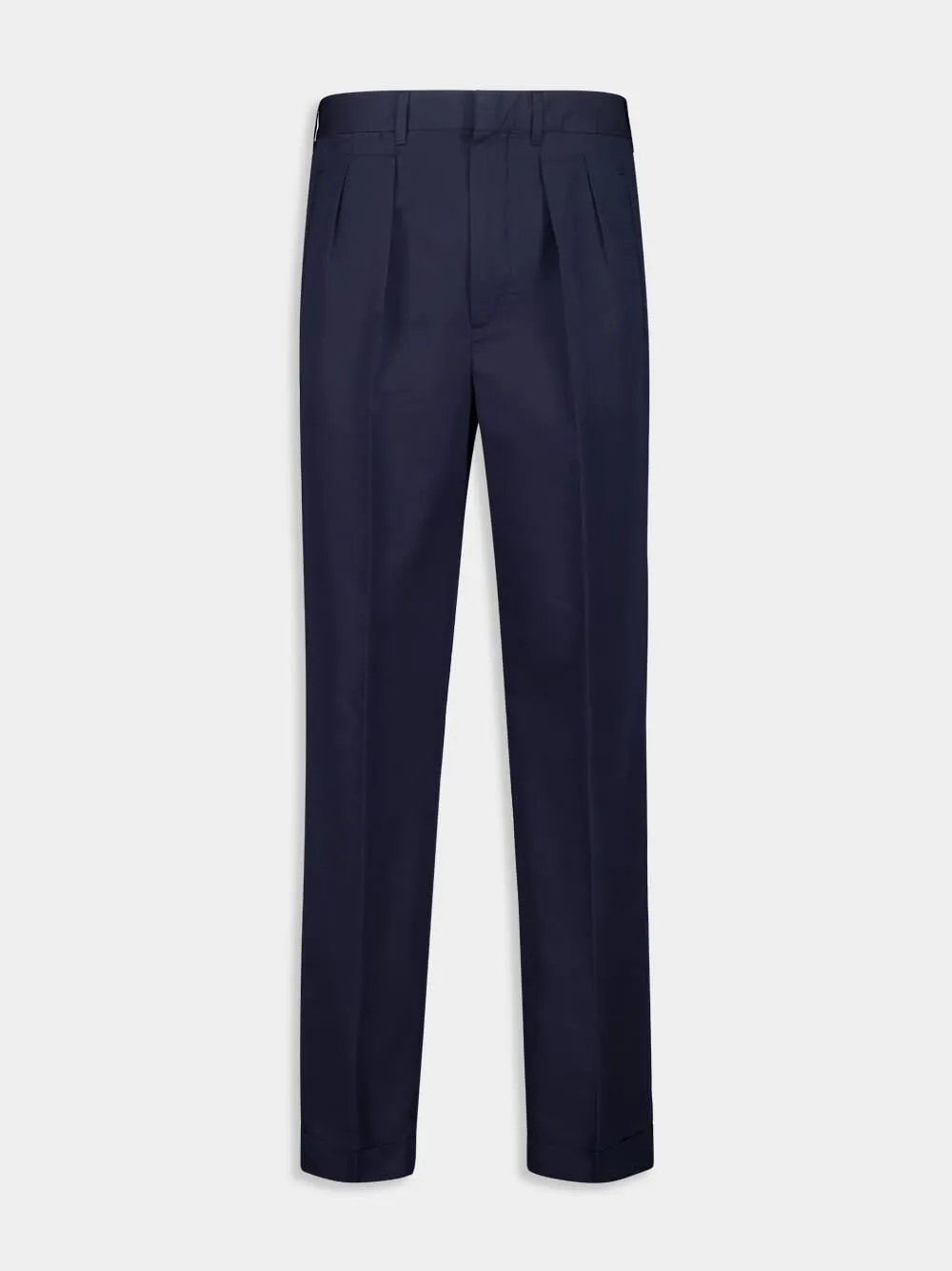 Navy Blue Double-Pleat Sport Trousers in Fluid Cotton and Silk