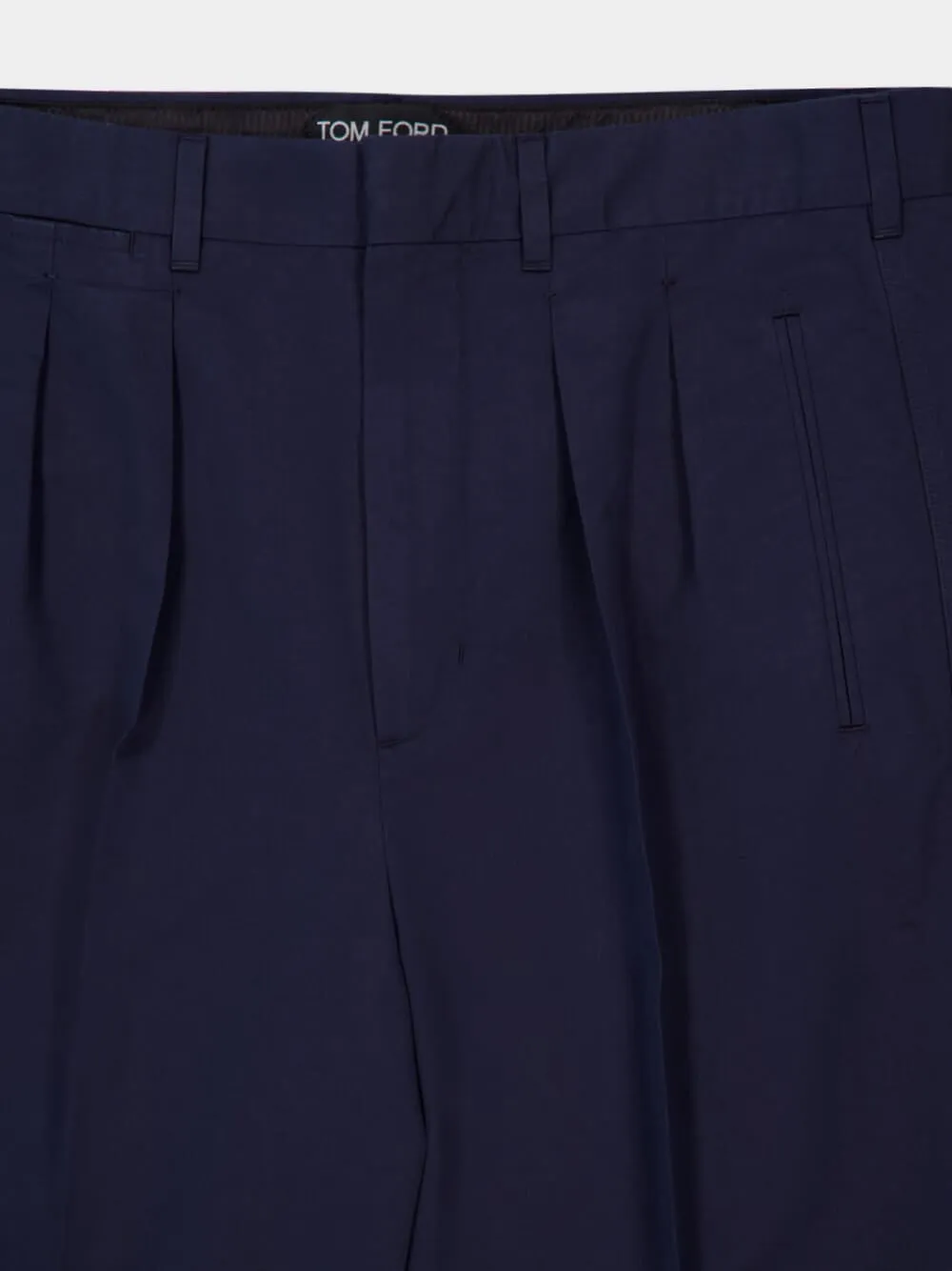 Navy Blue Double-Pleat Sport Trousers in Fluid Cotton and Silk