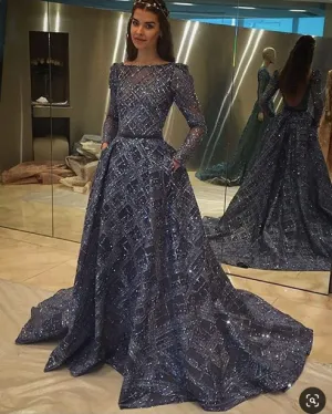 navy blue sparkle prom dress ball gown long sleeve 2020 sequin elegant cheap prom gown with pockets