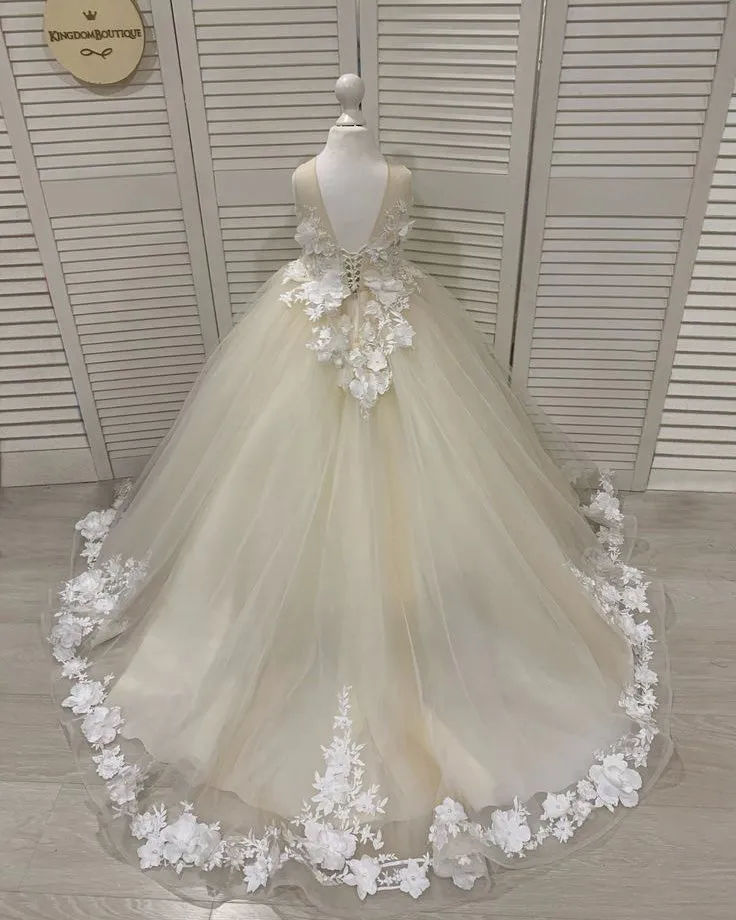 Navy Blue Tulle Birthday Wedding Party Dress Lace Flower Girls Dresses Ball Gown 2021