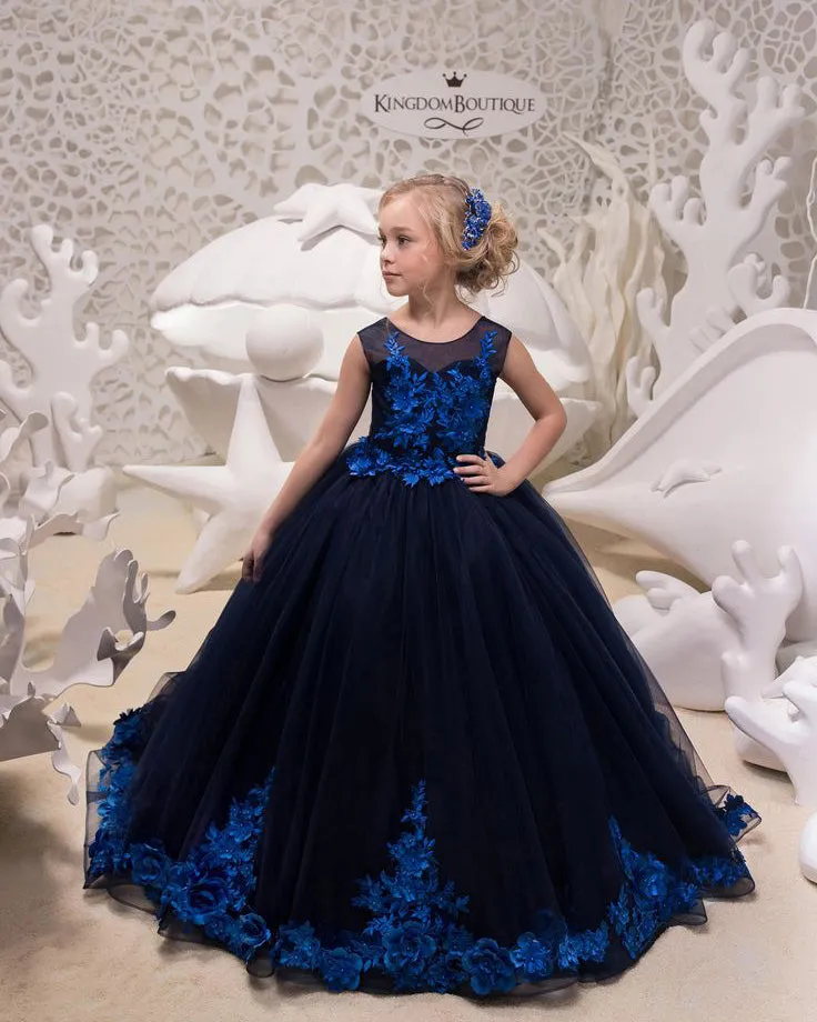 Navy Blue Tulle Birthday Wedding Party Dress Lace Flower Girls Dresses Ball Gown 2021