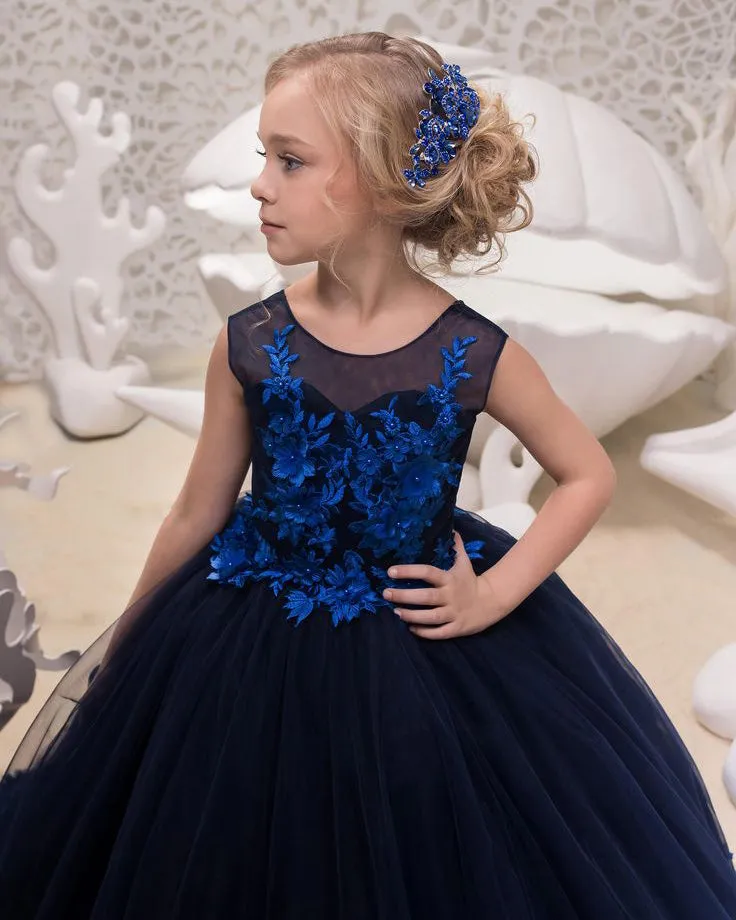 Navy Blue Tulle Birthday Wedding Party Dress Lace Flower Girls Dresses Ball Gown 2021