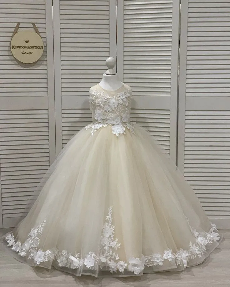 Navy Blue Tulle Birthday Wedding Party Dress Lace Flower Girls Dresses Ball Gown 2021