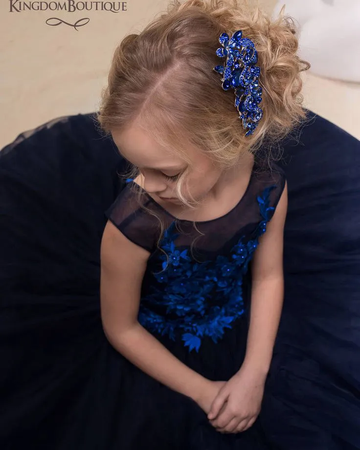 Navy Blue Tulle Birthday Wedding Party Dress Lace Flower Girls Dresses Ball Gown 2021
