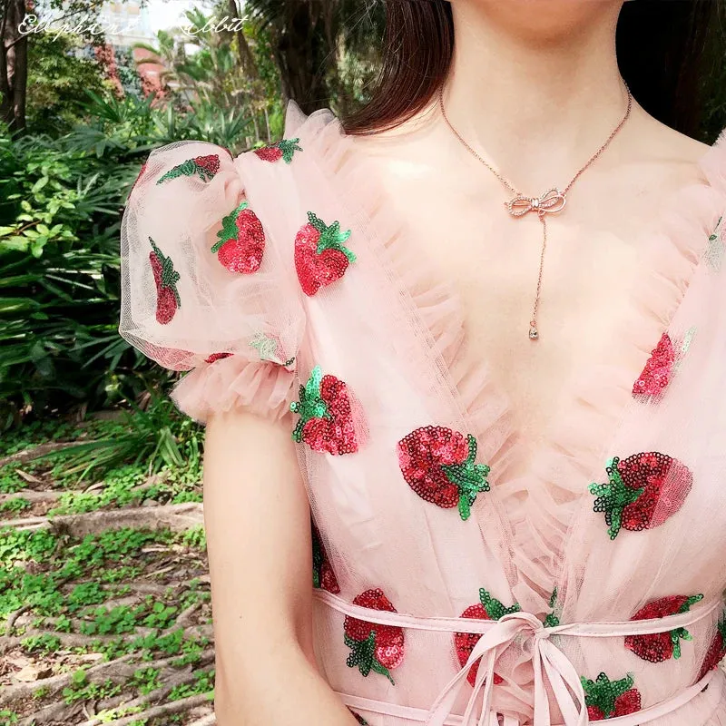 New In Sequined Strawberry Mesh Pleated Maxi Dress