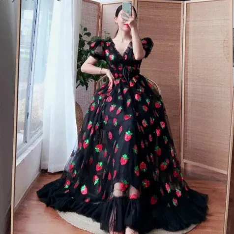 New In Sequined Strawberry Mesh Pleated Maxi Dress