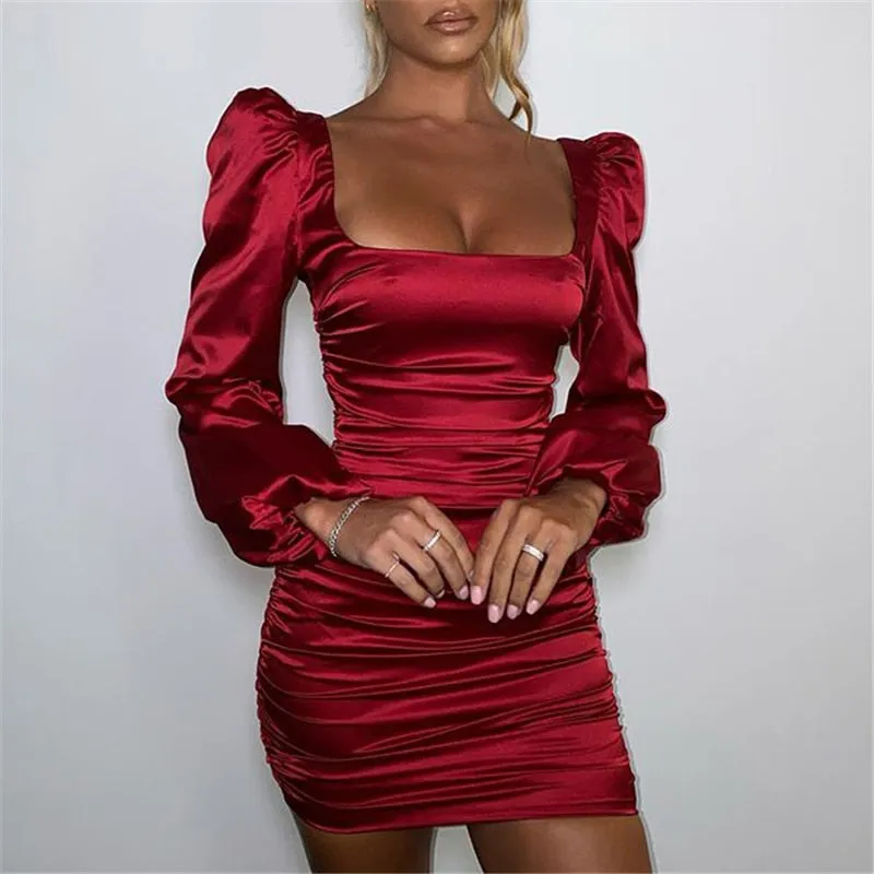 New Satin Puff-Sleeve Dress For Women Solid Square Collar Sexy Dresses