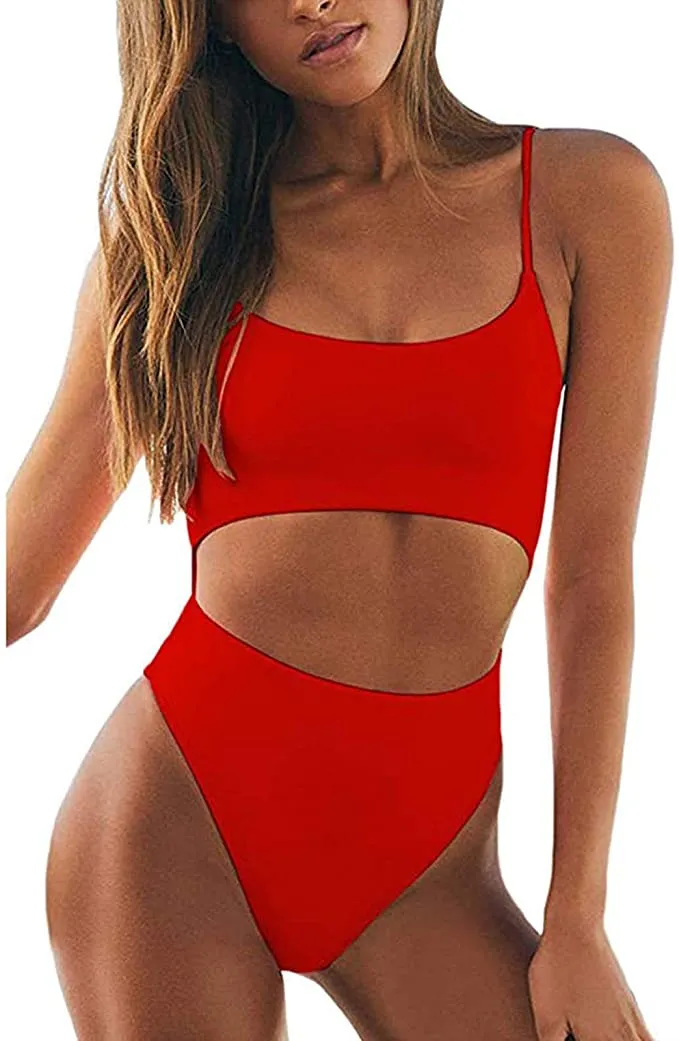 New Women Cutout One Piece Swimsuit Back Hollow Tie Straps Monokini High Waist Tummy Control Solid Bathing Suit, Red, Sz L!