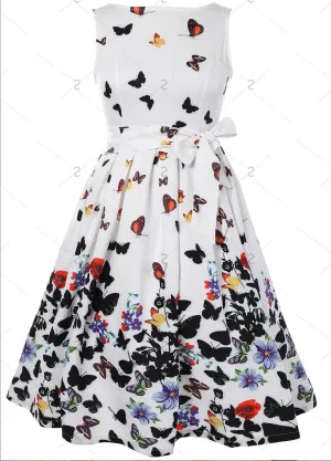 New Women Vintage 50s 60s Retro Swing Pinup Sleeveless Evening Garden Party Pleated Dress Sweet Womens Butterfly Print Dresses