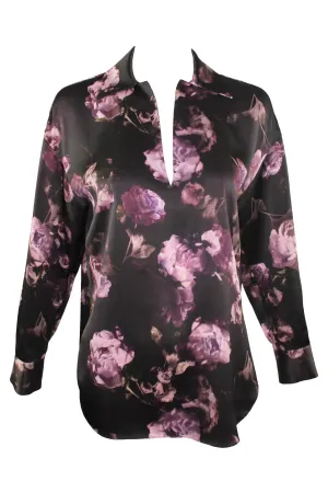 Night Garden Lapel Collar Silk Popover in Black